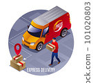 Express Delivery, special vehicle and courier vector illustration isometric icon on grey isolated background 101020803