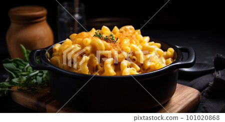 Mac and cheese. Classic American rustic mac and cheese. Golden baked macaroni with cheddar 101020868