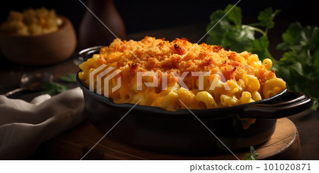 Mac and cheese. Classic American rustic mac and cheese. Golden baked macaroni with cheddar 101020871