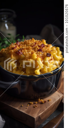 Mac and cheese. Classic American rustic mac and cheese. Golden baked macaroni with cheddar 101020876