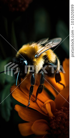 Detailed macro image of a bumblbee collecting nectar from a blossom. Bumblee on a flower 101020899