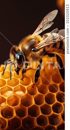 Detailed macro image of a bee collecting honey in a beehive. Bee on a honeycomb in a hive Detailed macro image of a bee collecting honey in a beehive. Bee on a honeycomb in a hive 101020915