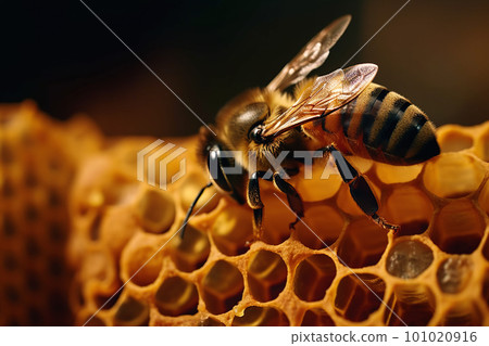 Detailed macro image of a bee collecting honey in a beehive. Bee on a honeycomb in a hive Detailed macro image of a bee collecting honey in a beehive. Bee on a honeycomb in a hive 101020916