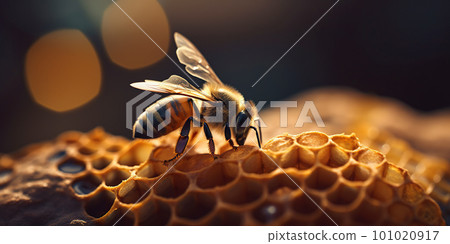 Detailed macro image of a bee collecting honey in a beehive. Bee on a honeycomb in a hive Detailed macro image of a bee collecting honey in a beehive. Bee on a honeycomb in a hive 101020917