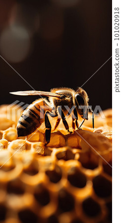 Detailed macro image of a bee collecting honey in a beehive. Bee on a honeycomb in a hive Detailed macro image of a bee collecting honey in a beehive. Bee on a honeycomb in a hive 101020918