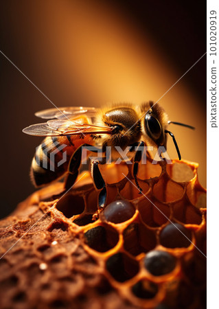 Detailed macro image of a bee collecting honey in a beehive. Bee on a honeycomb in a hive Detailed macro image of a bee collecting honey in a beehive. Bee on a honeycomb in a hive 101020919