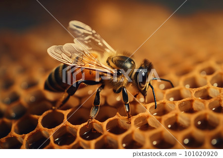 Detailed macro image of a bee collecting honey in a beehive. Bee on a honeycomb in a hive Detailed macro image of a bee collecting honey in a beehive. Bee on a honeycomb in a hive 101020920