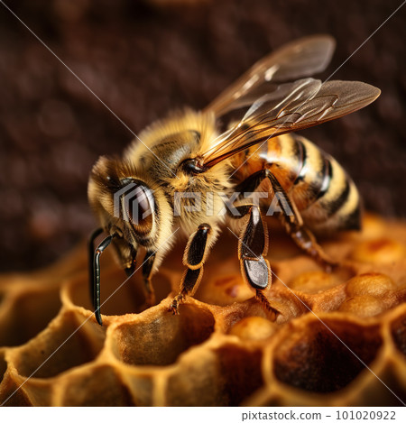 Detailed macro image of a bee collecting honey in a beehive. Bee on a honeycomb in a hive Detailed macro image of a bee collecting honey in a beehive. Bee on a honeycomb in a hive 101020922
