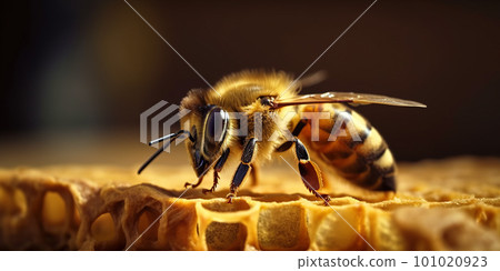 Detailed macro image of a bee collecting honey in a beehive. Bee on a honeycomb in a hive Detailed macro image of a bee collecting honey in a beehive. Bee on a honeycomb in a hive 101020923