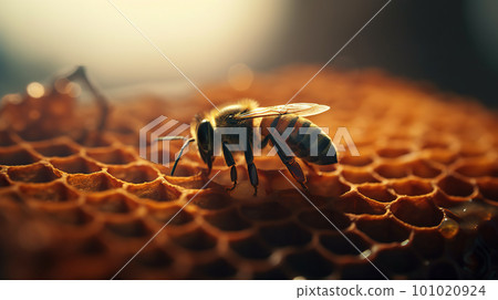Detailed macro image of a bee collecting honey in a beehive. Bee on a honeycomb in a hive Detailed macro image of a bee collecting honey in a beehive. Bee on a honeycomb in a hive 101020924