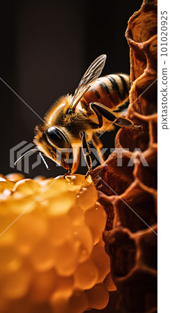 Detailed macro image of a bee collecting honey in a beehive. Bee on a honeycomb in a hive Detailed macro image of a bee collecting honey in a beehive. Bee on a honeycomb in a hive 101020925