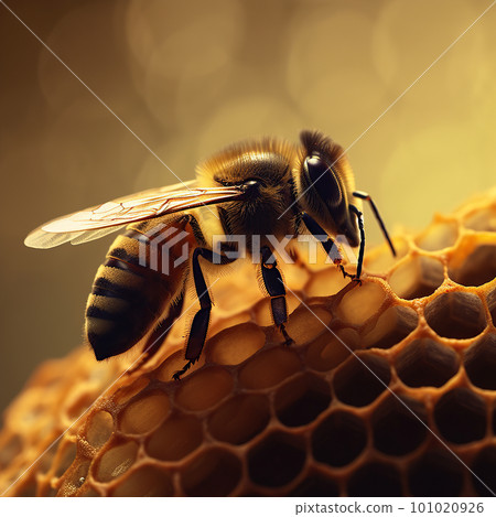 Detailed macro image of a bee collecting honey in a beehive. Bee on a honeycomb in a hive Detailed macro image of a bee collecting honey in a beehive. Bee on a honeycomb in a hive 101020926