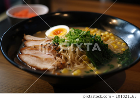 Ramen. Japanese ramen noodle soup in black bowl Ramen. Japanese ramen noodle soup in black bowl 101021163