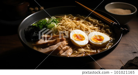Ramen. Japanese ramen noodle soup in black bowl 101021165