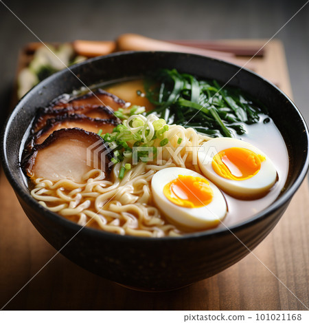 Ramen. Japanese ramen noodle soup in black bowl Ramen. Japanese ramen noodle soup in black bowl 101021168