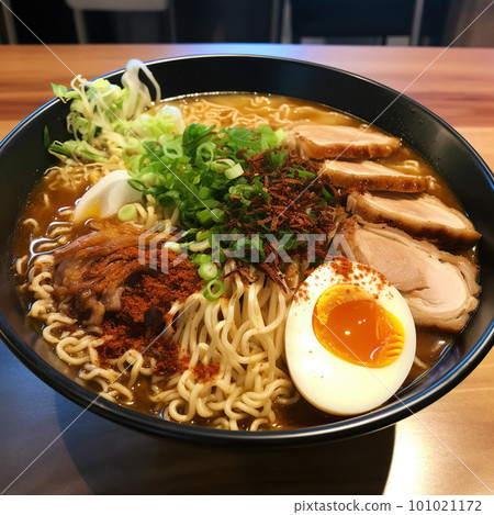 Ramen. Japanese ramen noodle soup in black bowl 101021172