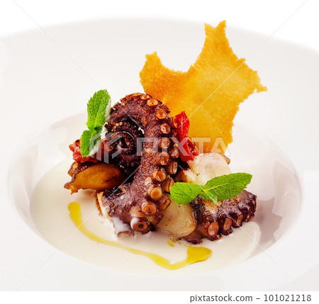 Grilled octopus on plate on white Grilled octopus on plate on white 101021218