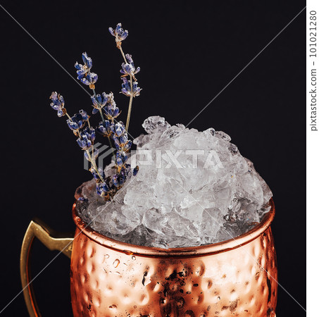 lavender drink in a metal mug lavender drink in a metal mug 101021280