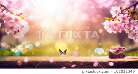 Spring background with empty wooden table. Natural template for product display with cherry blossoms bokeh and sunlight. Wooden table in spring blooming cherry orchard with butterflies 101021349
