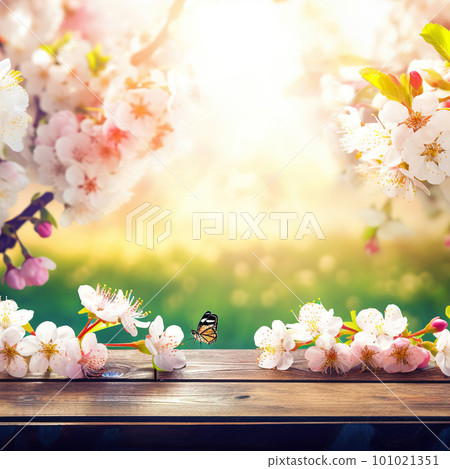 Spring background with empty wooden table. Natural template for product display with cherry blossoms bokeh and sunlight. Wooden table in spring blooming cherry orchard with butterflies 101021351