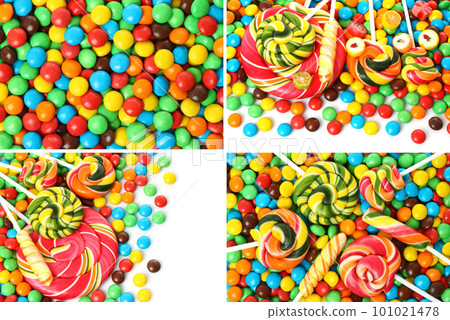 Collage of Colorful Spiral Lollipop and Chocolate Coated candies, on white background Collage of Colorful Spiral Lollipop and Chocolate Coated candies, on white background 101021478