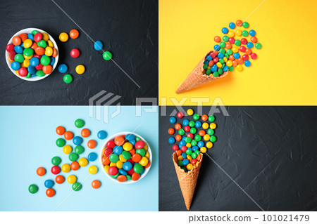 Collage of Waffle Cones and Vessels with Color Candies on different backgrounds 101021479