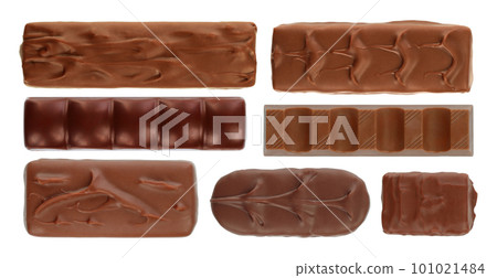Set of Different Chocolate Bars, top view, isolated on white background Set of Different Chocolate Bars, top view, isolated on white background 101021484