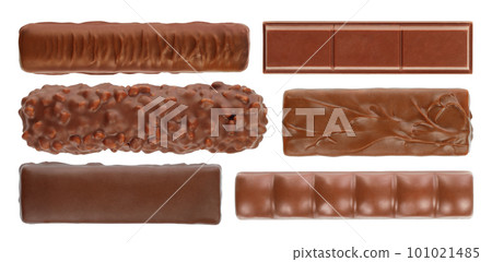 Set of Different Chocolate Bars, top view, isolated on white background Set of Different Chocolate Bars, top view, isolated on white background 101021485