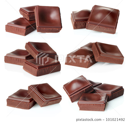 Set of Broken Dark Chocolate Bars, isolated on white background Set of Broken Dark Chocolate Bars, isolated on white background 101021492