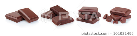 Set of Broken Dark Chocolate Bars, isolated on white background Set of Broken Dark Chocolate Bars, isolated on white background 101021493