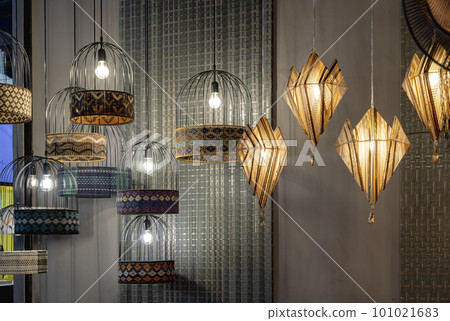 Softly shining hanged lamps decor design for living room. 101021683