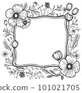 Wreath of black flowers in doodle style on a white background. Square frame for text. 101021705