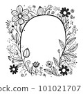 Wreath of black flowers in doodle style on a white background. Round frame for the label. Decoration for wedding cards 101021707