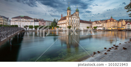 Lucerne. Old city embankment and medieval houses at dawn. 101021943