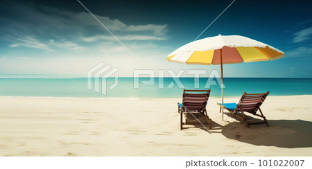 Beautiful beach banner. White sand, chairs and umbrella travel tourism wide panorama background concept. Amazing beach landscape 101022007