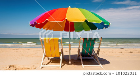 Beautiful beach banner. White sand, chairs and umbrella travel tourism wide panorama background concept. Amazing beach landscape 101022011