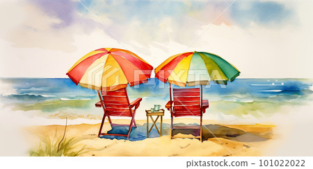 Beautiful beach banner. White sand, chairs and umbrella travel tourism wide panorama background concept. Amazing beach watercolor landscape watercolor painting 101022022