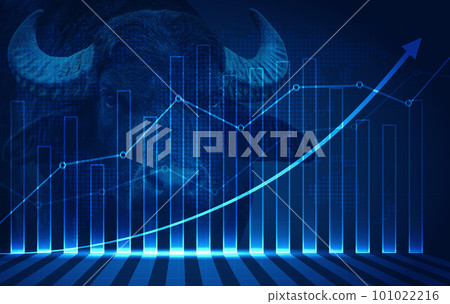 Abstract financial chart with uptrend line graph arrow and portrait of a bull in stock market Abstract financial chart with uptrend line graph arrow and portrait of a bull in stock market 101022216