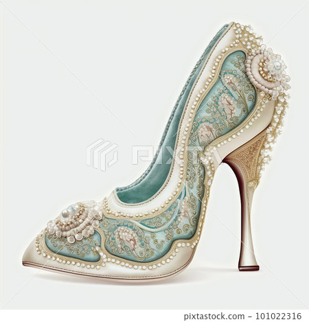 Vintage retro satin queen shoe adorned with gems and pearls isolated on white close-up 101022316