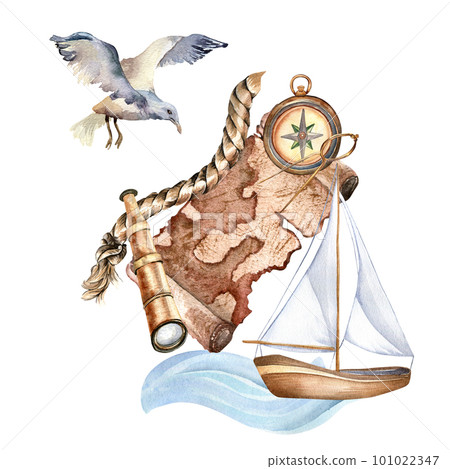 Composition of ancient map vintage style watercolor illustration isolated on white. 101022347