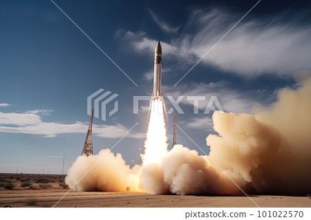 Rocket launch from cosmodrome. Fight of space rocket in blue sky. Space mission. Space Shuttle takeoff. Created with Generative AI 101022570