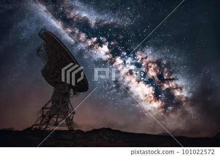 Radio telescope at starry night with milky way galaxy. Antenna for of space signals research. Space observatory. Created with Generative AI 101022572