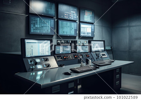 Central control panel. Operator workplace with a lot of screens and buttons for monitoring technology process at production line. Created with Generative AI 101022589