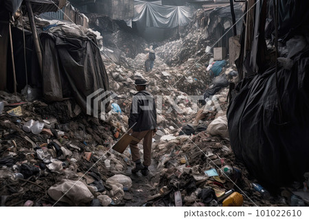 Mam standing in a huge dump with a lot of plastic waste and various used garbage. Environmental pollution concept. Created with Generative AI 101022610
