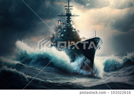 Modern warship in the sea. Military force ship sailing in ocean. Created with Generative AI 101022616