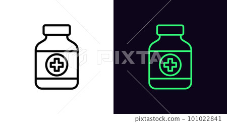 Outline drug bottle icon, with editable stroke. Pill bottle sign, home first aid medicaments. Medical prescription and cure, painkiller pills, pharmacy remedy, vitamins, drugstore. Outline drug bottle icon, with editable stroke. Pill bottle sign, home first aid medicaments. Medical prescription and cure, painkiller pills, pharmacy remedy, vitamins, drugstore. 101022841