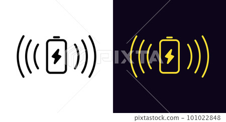 Outline wireless battery charging icon, with editable stroke. Battery with lightning sign and waves, wireless electric charger. Inductive dock station for charging devices. Outline wireless battery charging icon, with editable stroke. Battery with lightning sign and waves, wireless electric charger. Inductive dock station for charging devices. 101022848