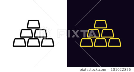 Outline golden bars icon, with editable stroke. Gold ingot sign, golden bullion stack and pyramid pictogram. Gold reserve, bank golden assets, precious metal market and trade, investment. 101022856