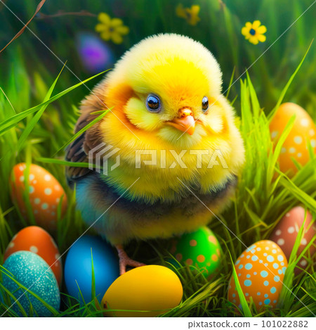 Adorable little yellow chick resting on a bed of colorful Easter eggs in the grass. Generative AI. 101022882
