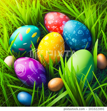 A beautiful assortment of multicolored Easter eggs resting on a bed of fresh green grass. Generative AI. A beautiful assortment of multicolored Easter eggs resting on a bed of fresh green grass. Generative AI. 101022891